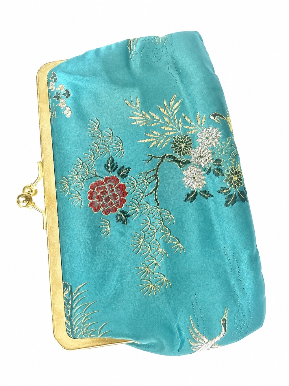 Vintage Chinese Silk Embroidered Clutch – Late 1970s – Handmade – Turquoise Flor